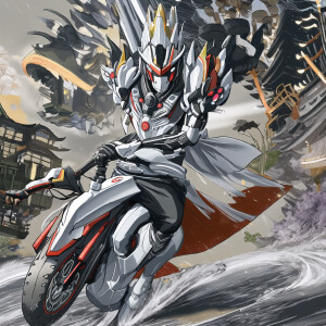 A mythical Japanese god dressed in a high-tech armor, riding a f...