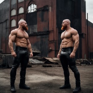two muscle bodybuilders white men bald with ginger beards shirtl...
