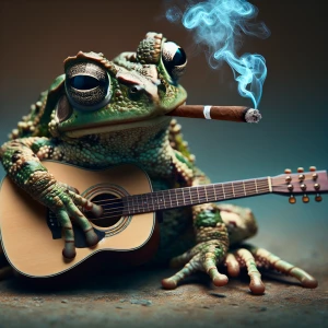 A smoking Toad playing guitar