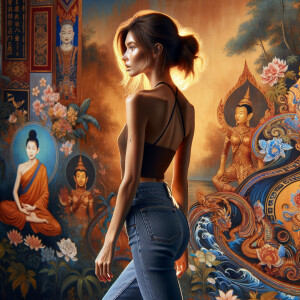 Athletic Thin skinny Attractive, Asian teenage girl, long brown hair and bangs, wearing tight skinny jeans and a halter top paint marks on her clothing, heroic pose Asian graffiti background, backside view