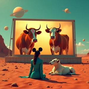 retro sci-fi scene on Mars, golden-hour light, woman in teal sui...