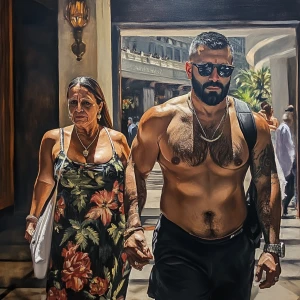 Hyperrealistic painting 1:1.A sweaty beefy muscular man criminal...