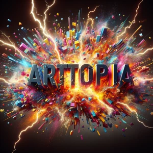 The word ("ARTOPIA") explodes after getting stuck by lightning....