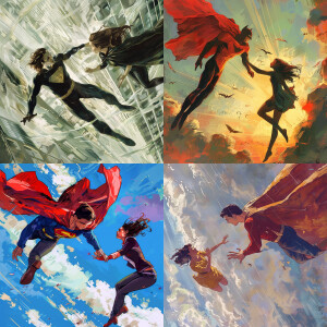 Illustrate a superhero swooping in to save a woman in distress