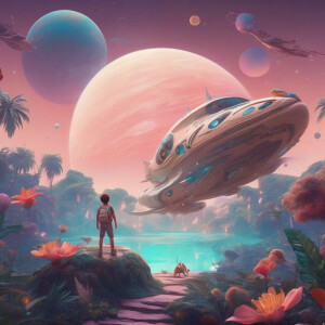 The boy is standing on another planet covered with jungle. Unusu...