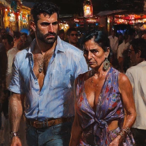 Hyperrealism ,a muscular beefy sweaty man walking with his 50 y...