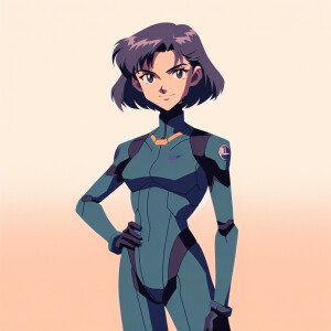 1990s anime screencap, girl a plugsuit, standing with hands on h...
