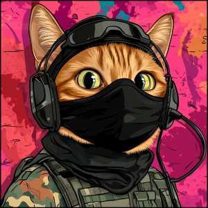 A wide-eyed ginger cat wearing a black tactical balaclava (or ma...
