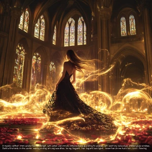 “A majestic cathedral interior bathed in soft candlelight, with...