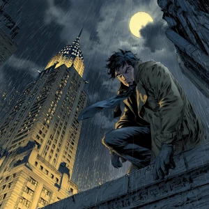 Ultra-detailed manga noir illustration, low-angle view of a lone...