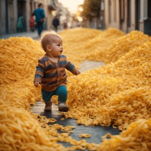 A baby covered in pasta walking down a pasta covered street