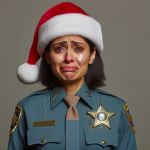 A deputy sheriff with a badge, in uniform, with a teary expressi...