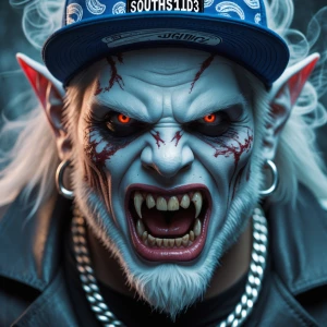 Generate an image of a menacing white goblin's face in close-up...