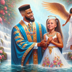 An oil painting depicting a light-skinned African-American pasto...