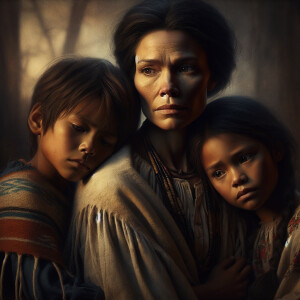 American Indian children hugging their struggling Mother