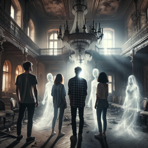 2 guys and 2 girls are standing in an abandoned mansion. They se...