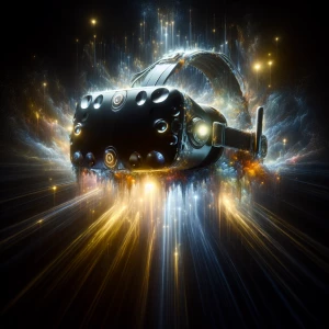 A shimmering, ethereal VR headset suspended in a black void, rad...