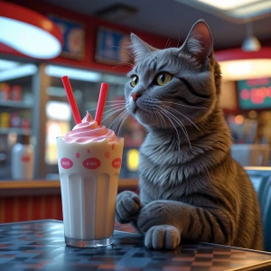 A cat drinking a milkshake in a diner in 8k