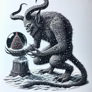 Krampus holds a snow globe in his hand, with a Christmas tree ca...