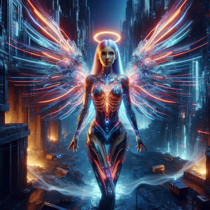 attractive woman angel with (glowing:3) neon metal wings and a n...
