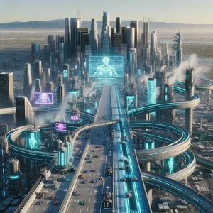 Visualize a dystopian Los Angeles reimagined as a high-tech raci...