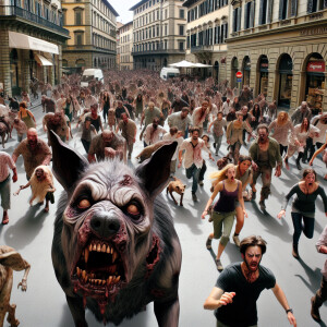 Animales zombies avanzando por una calle llena de edificios y ge...