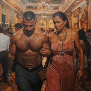 Hyperrealistic painting 1:1.A sweaty beefy muscular man criminal...