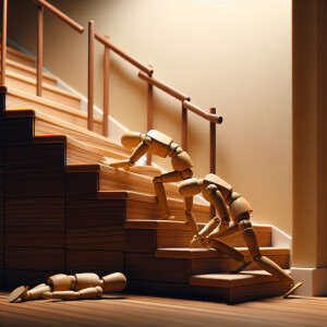 A wood doll that Tries to Climb Stairs but fails a lot of time,...