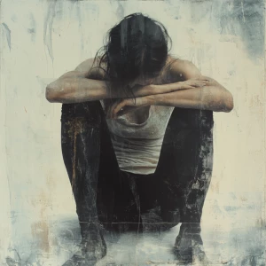Generate an image of a person in a posture of vulnerability, wit...