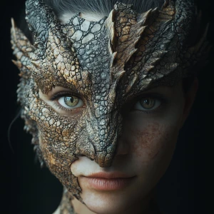 A woman's face transforming into a dragon's snout