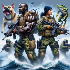 There are two US Navy sailors in battle gear, the navy sailors are a pitbull and Pepe, they are standing in two different directions. They are shooting 50 caliber, machine guns. They are in their Navy seal boat. The boat is making waves. There are also divers on the boat getting ready to dive in the water .