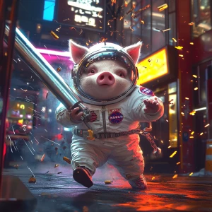 Cartoon cute pig in vintage white spacesuit and NASA style helme...