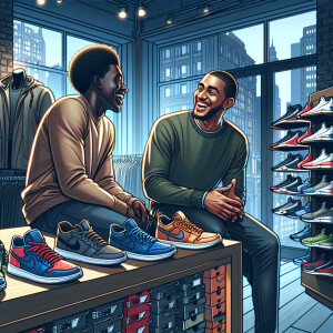 Two African American men standing in a sports store near sneaker...