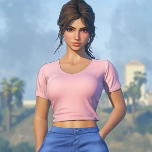 Lucia from GTA. girl with brown hair, big eyebrows, pumped up li...