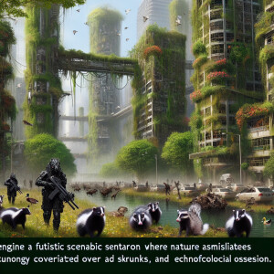 Apocalyptic cityscape with overgrown vegetation on the buildings...