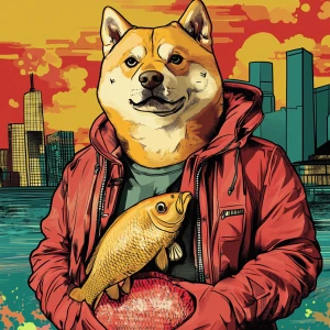 MEME DOGE in GTA art style — With fish — in the style of a Grand...