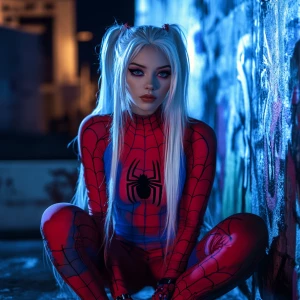 A young woman with long, straight platinum blonde hair, wearing...