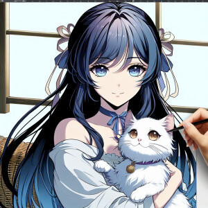Realistic anime woman with dark blue hair and dark brown eyes. S...