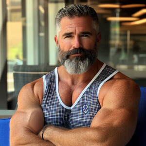 The image shows a white man with a beard , gray haired muscular...