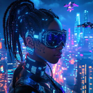 Afrofuturistic cyberpunk portrait, strong dark-skinned woman wit...