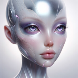 sensitive female  alien, thin lips, silver chrome, pastel violet...