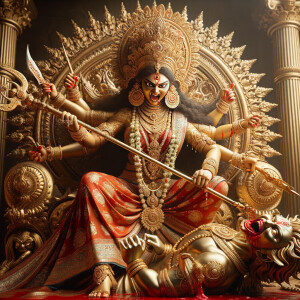 portrait of angry looking goddess durga, sitting on a gold crown and carrying a weak mahishasur on her lap and stabbing him with her amazingly designed trident. She is wearing gold armor, a huge gold crown, red saree, abundant gold jewelry, covered in blood. The scene is set in ancient India. The image is 8K resolution, cinematic, ultra detailed face and epic.