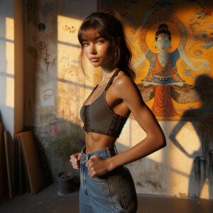 Athletic Thin skinny Attractive, Asian teenage girl, long brown hair and bangs, wearing tight skinny jeans and a halter top paint marks on her clothing, heroic pose Asian graffiti background, side view