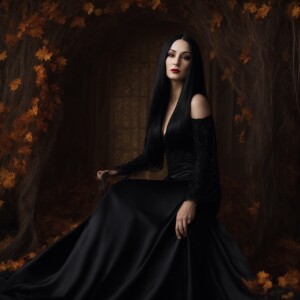 Capture a lifelike Morticia Addams in a RAW photo, wearing a rea...