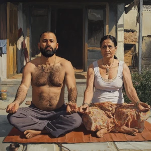 Realism art,A man(muscular beefy sweaty)sitting with 50 year old...