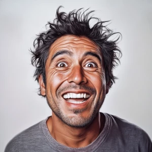 Create a modern-day portrait of a joyful 34-year-old Mexican man...