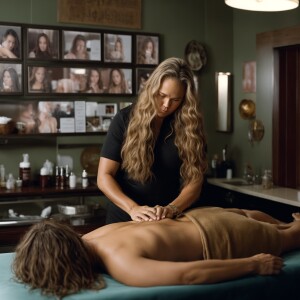 Ronda rousey with long hair as a massage therapist giving Louis...
