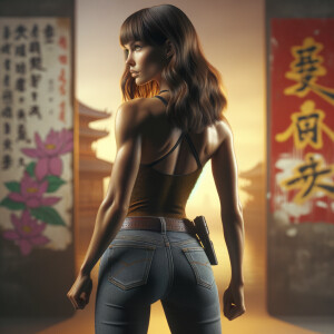 Athletic Thin skinny Attractive, Asian teenage girl, long brown hair and bangs, wearing tight skinny jeans and a halter top paint marks on her clothing, heroic pose Asian graffiti background, backside view