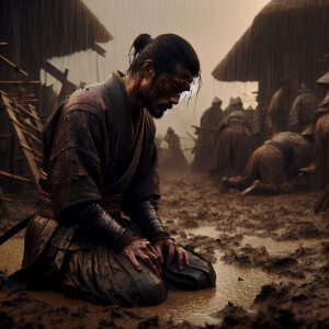 A wounded samurai kneel on his knees on the mud, surrounding by...