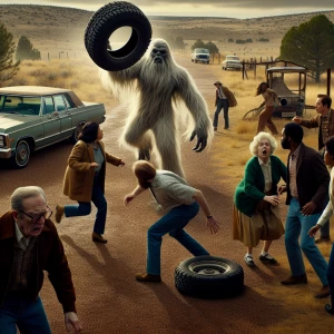 A hairy white haired humanoid looking sasquatch throws a spare t...